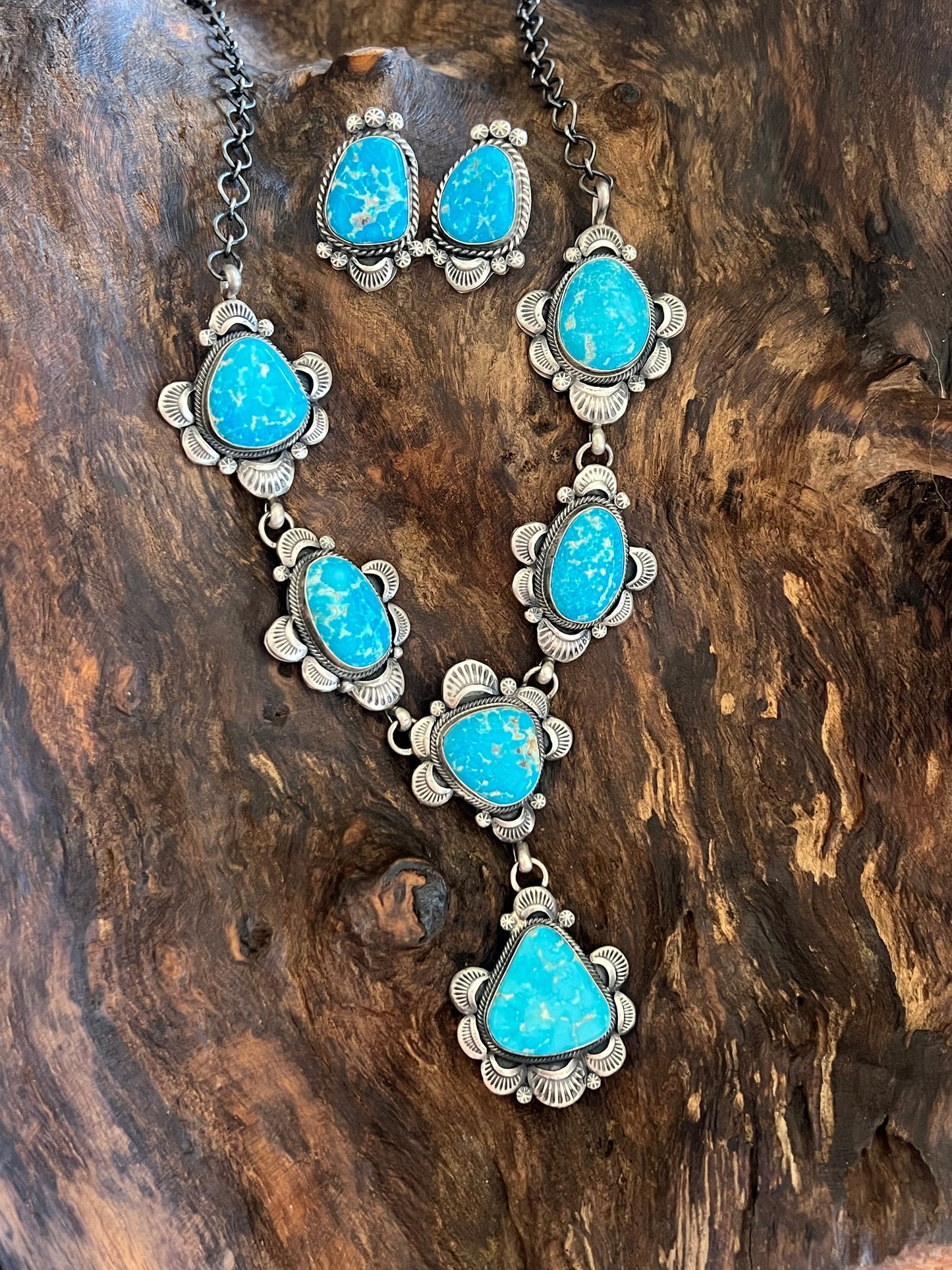 Handcrafted Stellar Sterling Silver and Whitewater Turquoise  Necklace and Earrings Set by Gilbert Tom
