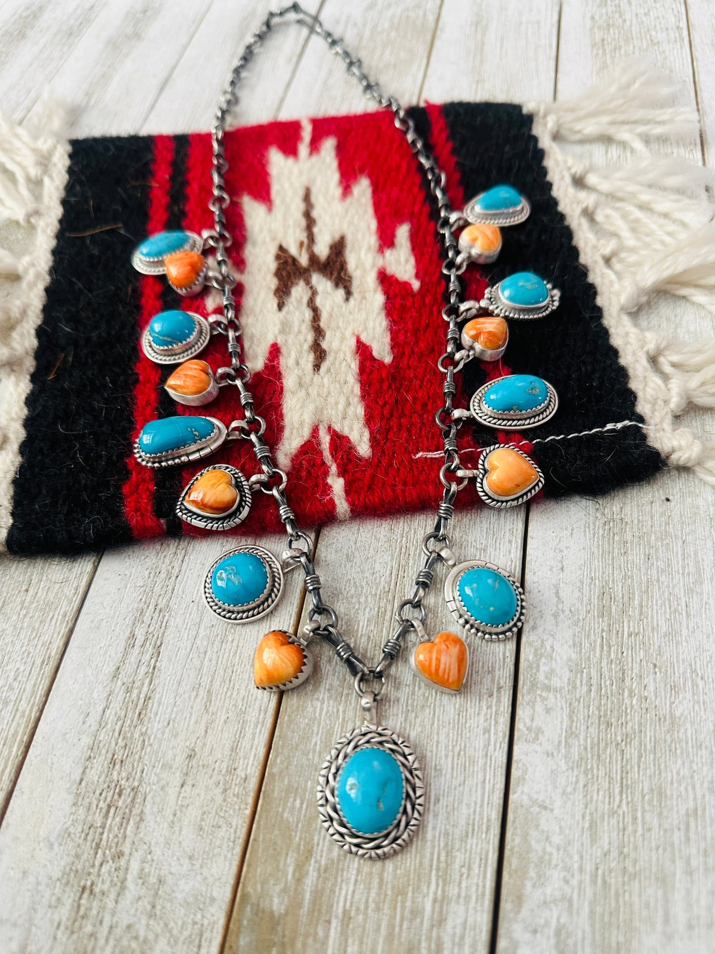 Handcrafted Sterling Silver, Turquoise & Spiny Heart Necklace, Signed RY