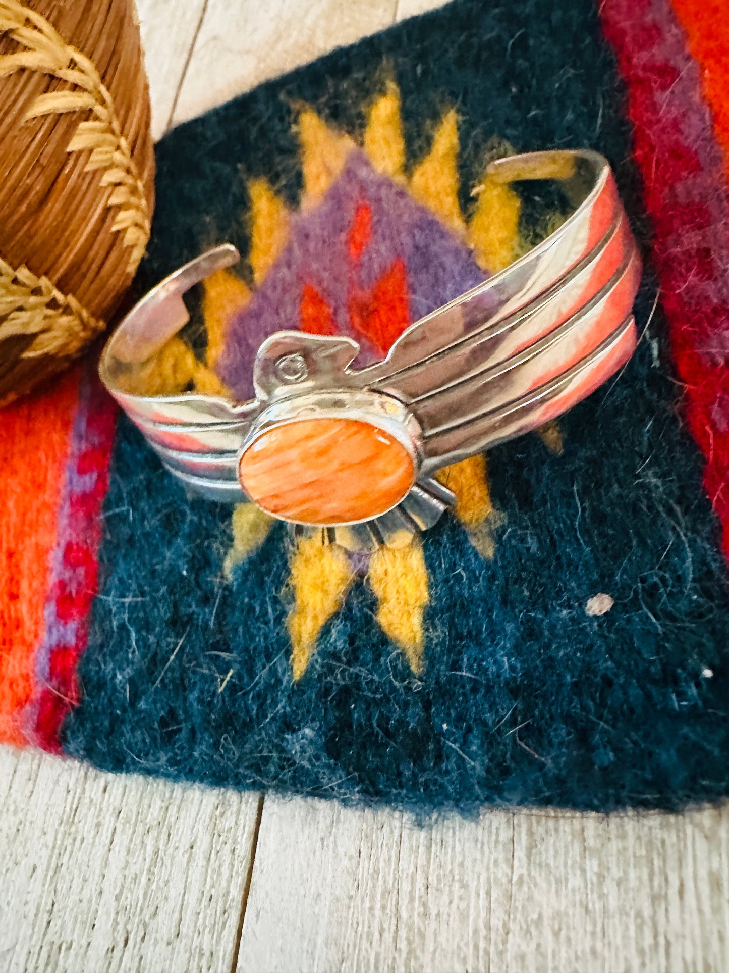Handcrafted Orange Spiny & Sterling Silver Thunderbird Cuff Bracelet