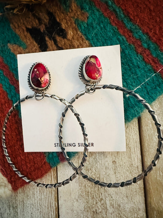 Handcrafted Rose Dahlia and Sterling Silver Dangle Hoop Earrings