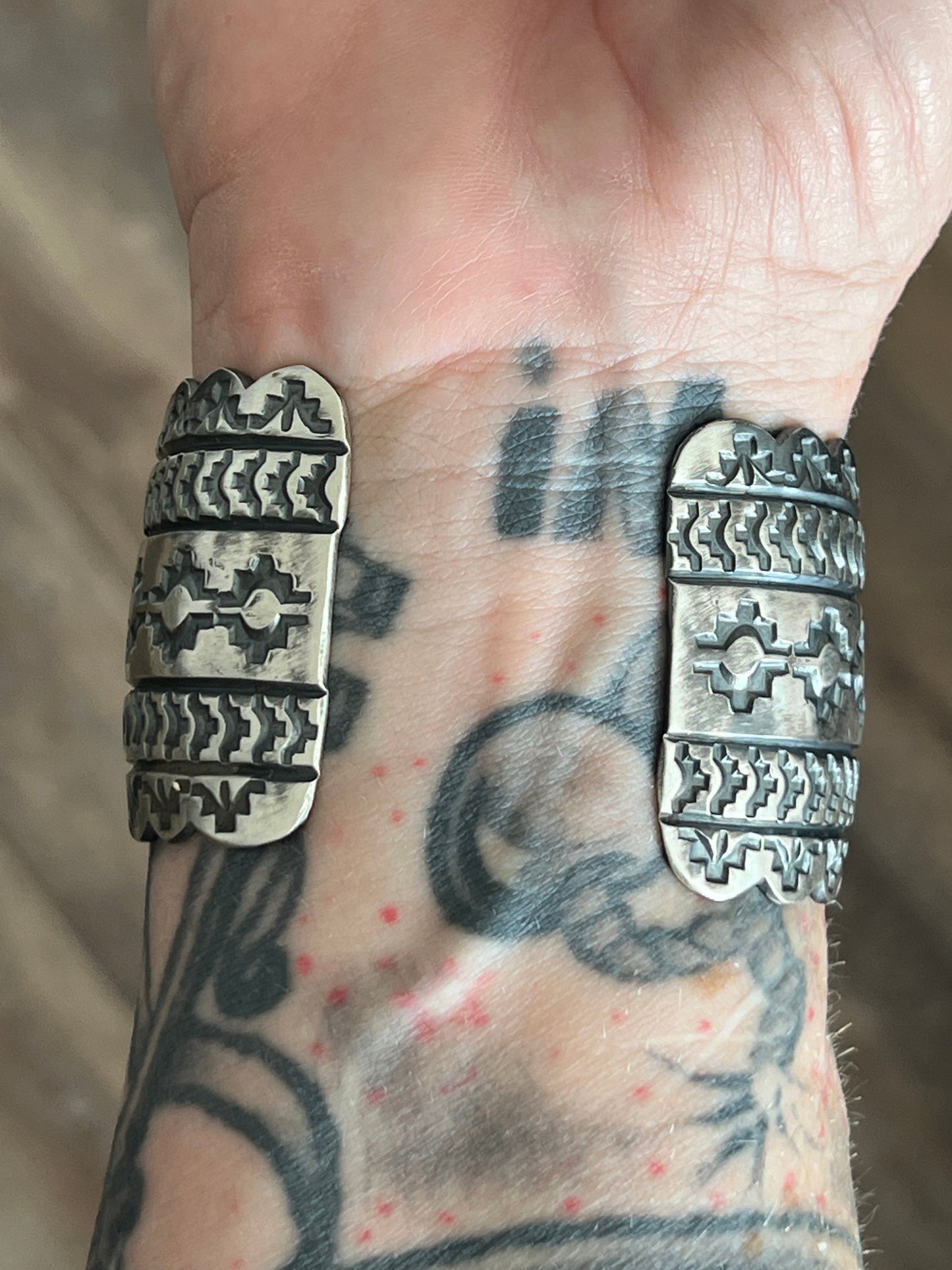 Handcrafted Hand Stamped Sterling Silver and Blackjack Turquoise Cuff Bracelet by Randy Boyd
