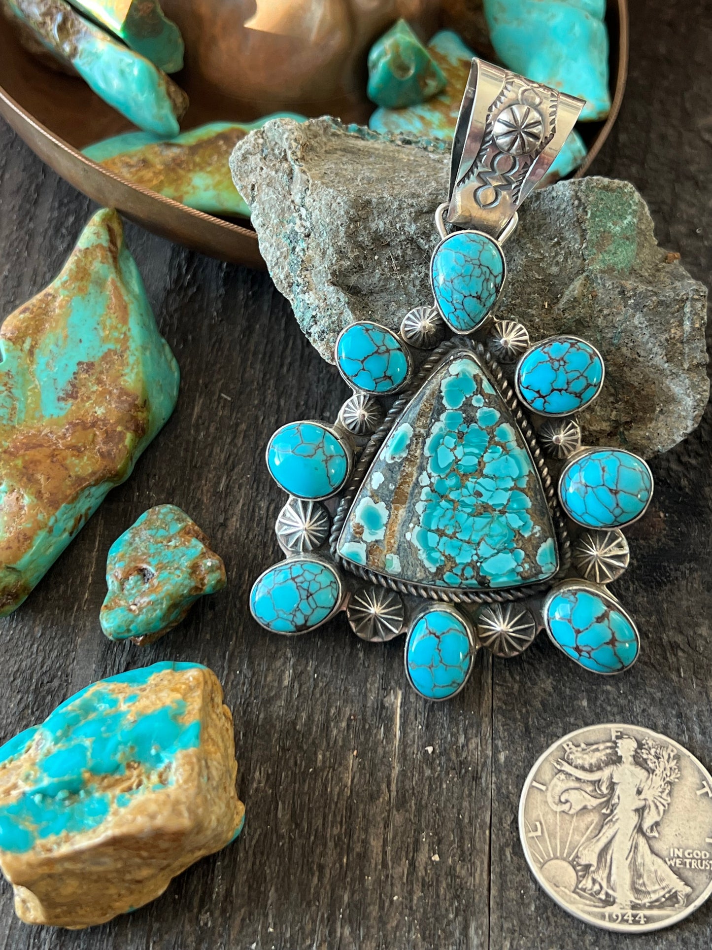 Apache Handmade Sterling Silver and Turquoise Cluster Pendant by Rosella Paxson