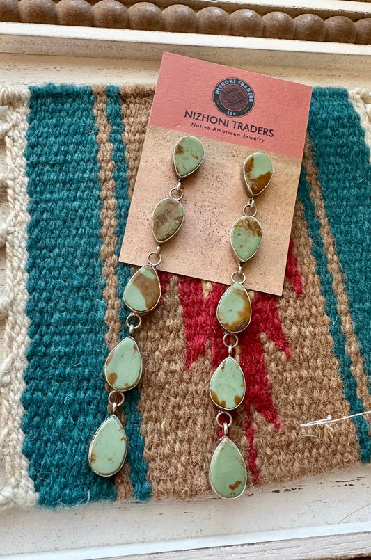 5 Stone Handcrafted Turquoise Sterling Silver Dangle Earrings Signed Jacqueline Silver