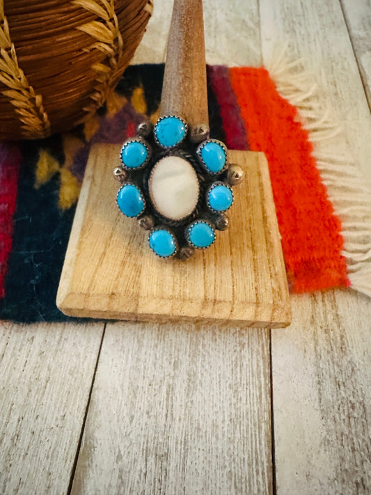Handcrafted Sterling Silver, Turquoise & Mother of Pearl Cluster Ring Size 9.5