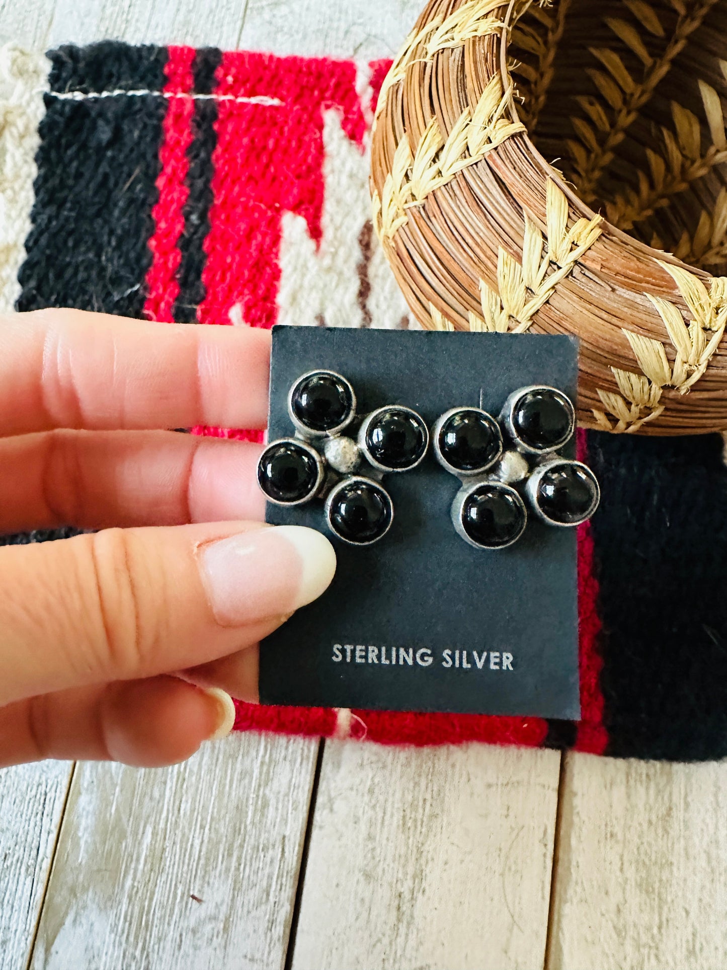 Handcrafted Sterling Silver & Black Onyx Cluster Post Earrings Signed