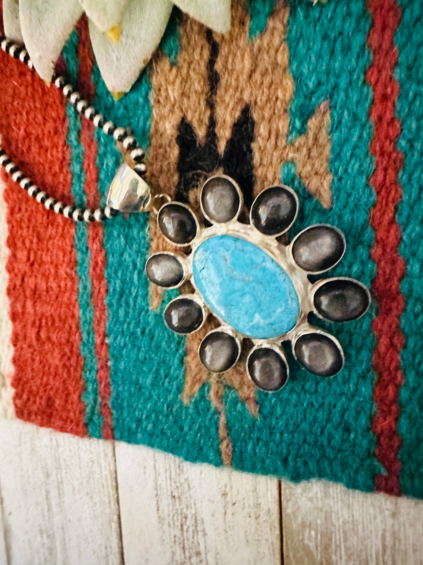 Handcrafted Black Abalone, Turquoise & Sterling Silver Cluster Pendant