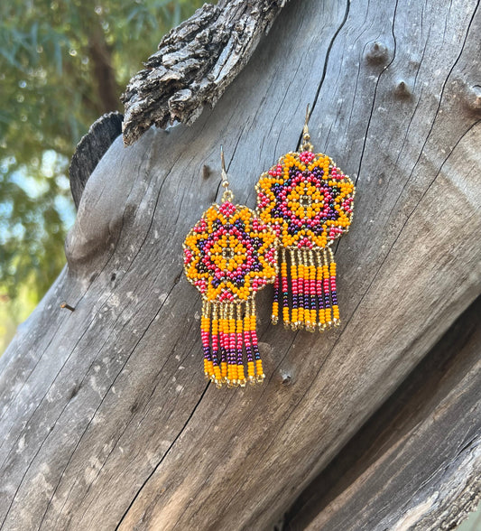 Handmade MultiColor Beaded Dangle Earrings (Gold, Yellow, & Pink