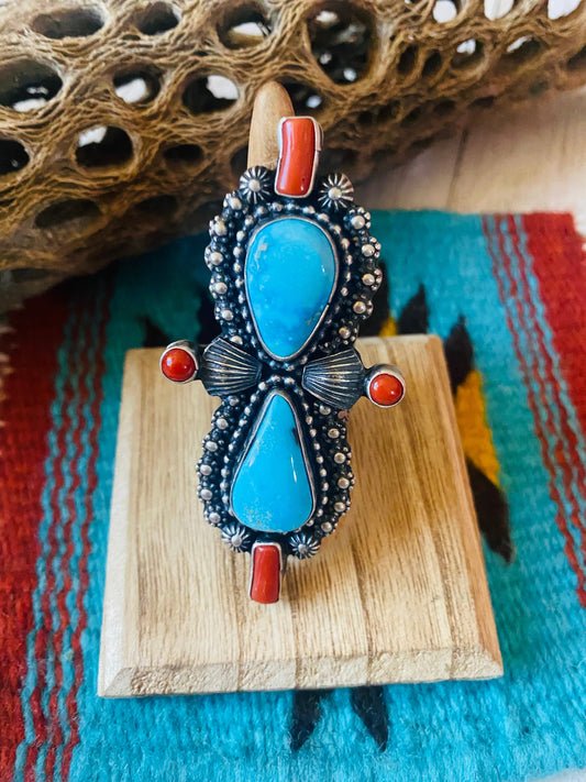 Handcrafted Sterling Kingman Turquoise & Red Coral Ring Size 9 By Shawn Cayatineto
