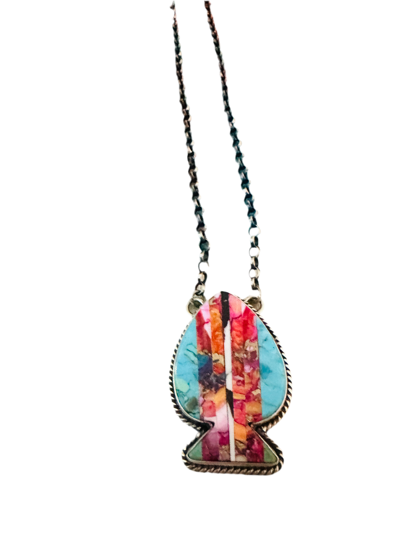 Handcrafted Sterling Silver & Multi Stone Inlay Spade Necklace