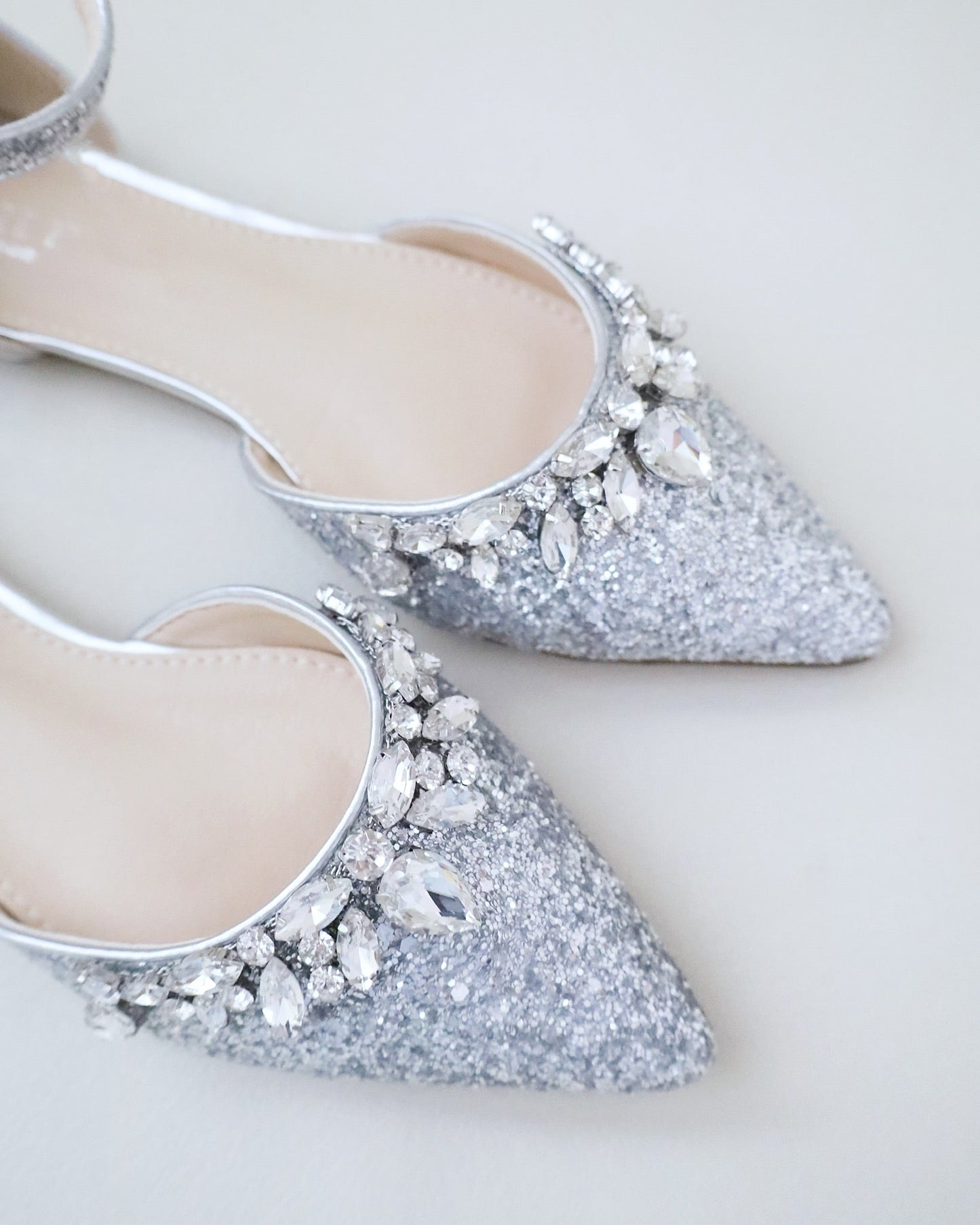 Pointy Toe Glitter Ankle Strap Flats with Teardrop Rhinestones