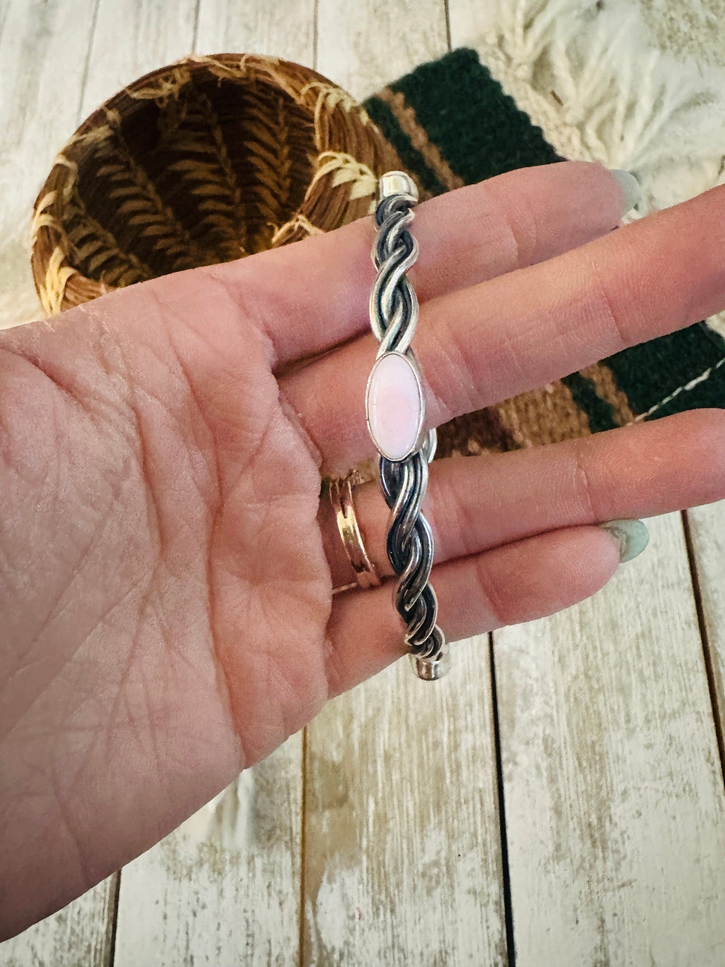 Handcrafted Twisted Sterling Silver & Queen Pink Conch Shell Bangle Bracelet