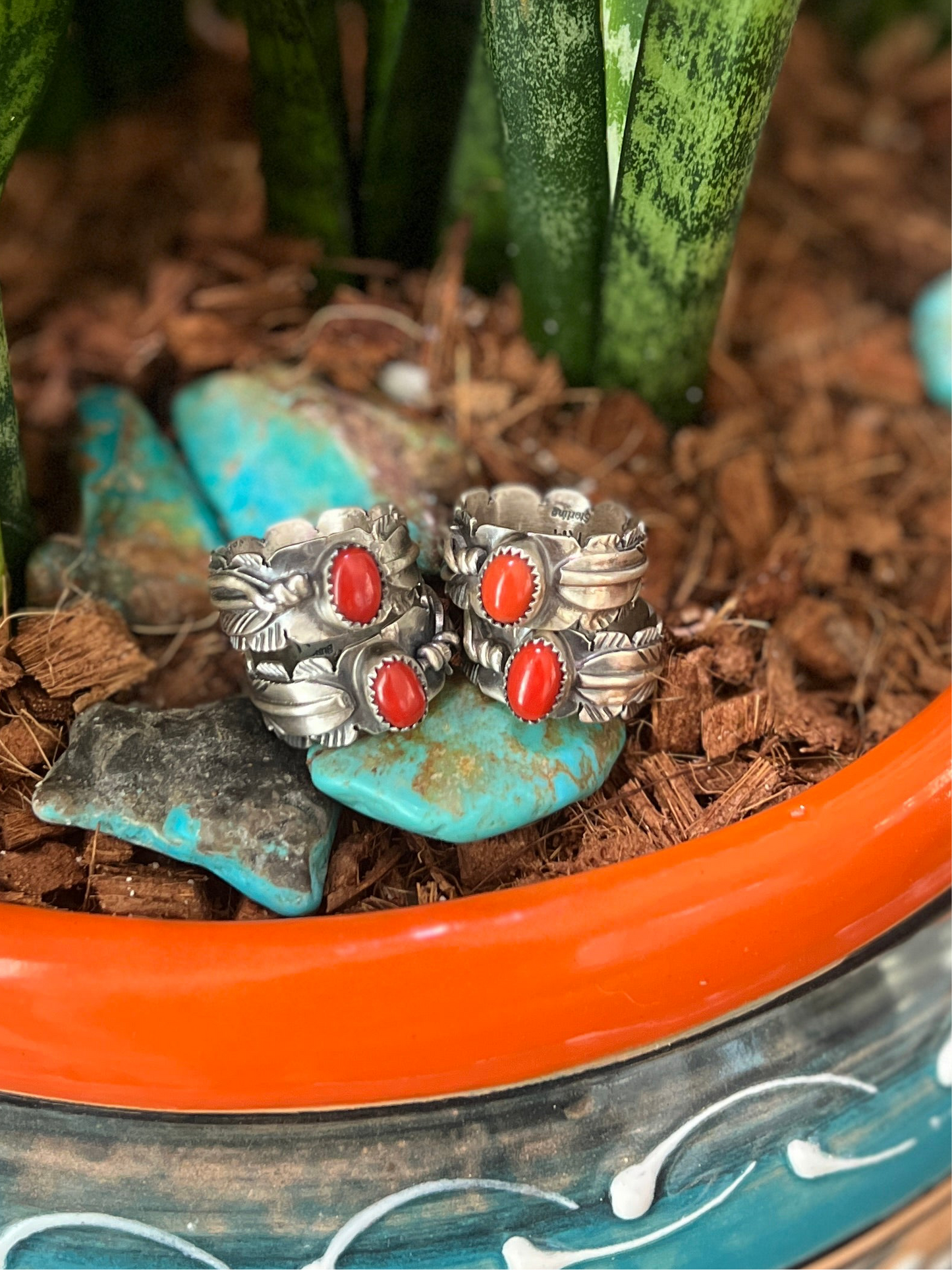 Handcrafted Sterling Silver Stout Feather Rings with Mediterranean Coral, Signed KM
