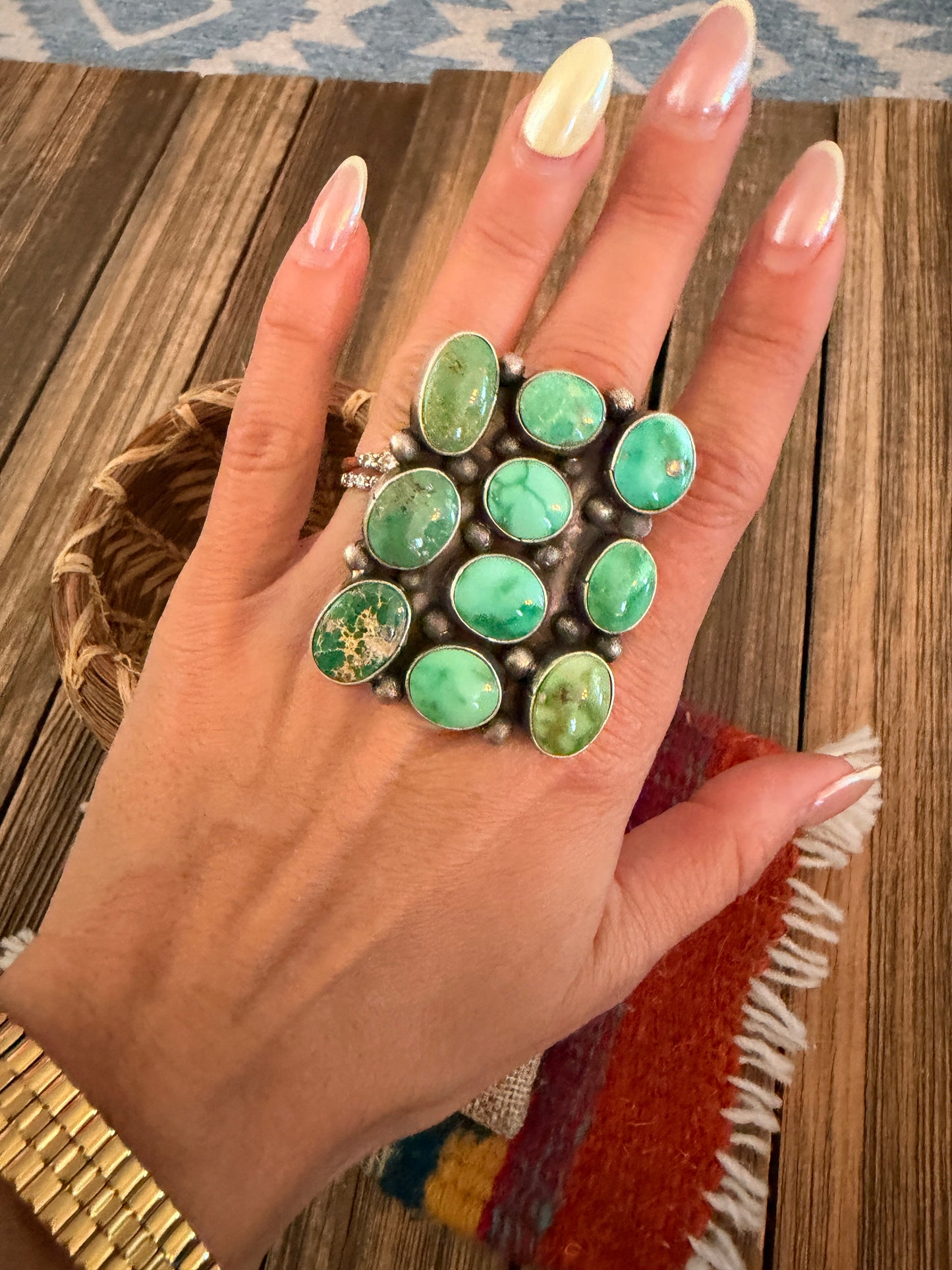 Handcrafted Sonoran Mountain Turquoise & Sterling Silver Cluster Ring Size 8 Sheila Becenti