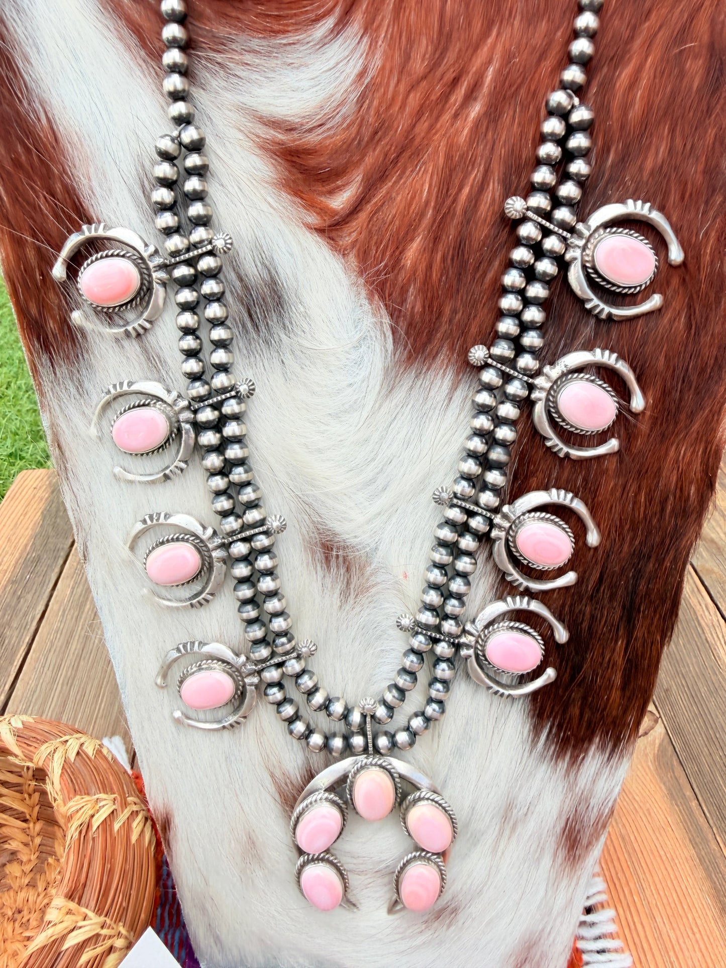 Handcrafted Sterling Silver & Queen Pink Conch Squash Blossom Necklace Set