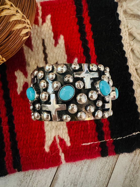 Handcrafted Turquoise & Sterling Silver Cross Cuff Bracelet By Chimney Butte /