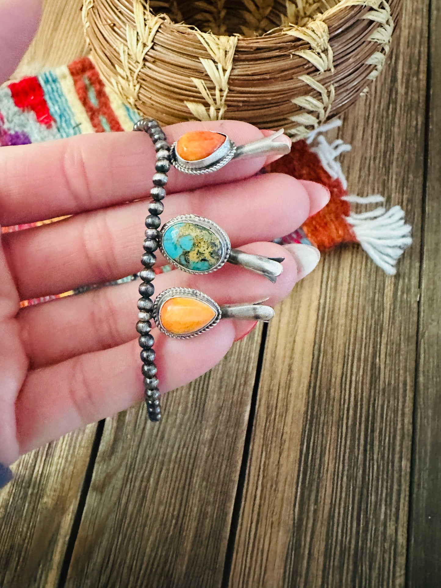 Handcrafted 3mm Sterling Silver Pearl, Turquoise & Spiny Oyster Blossom Stretch Bracelet