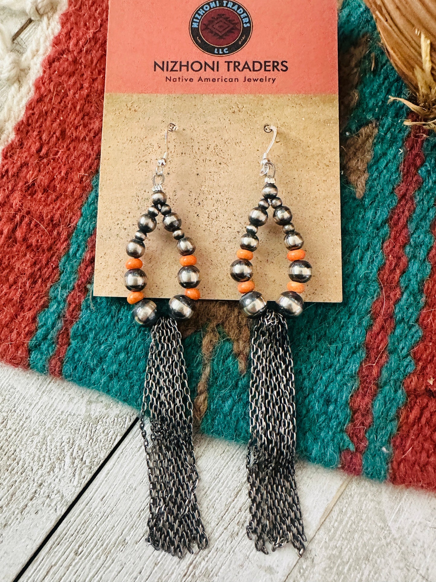 Handcrafted Orange Spiny & Sterling Silver Pearl Beaded Hoop Earrings