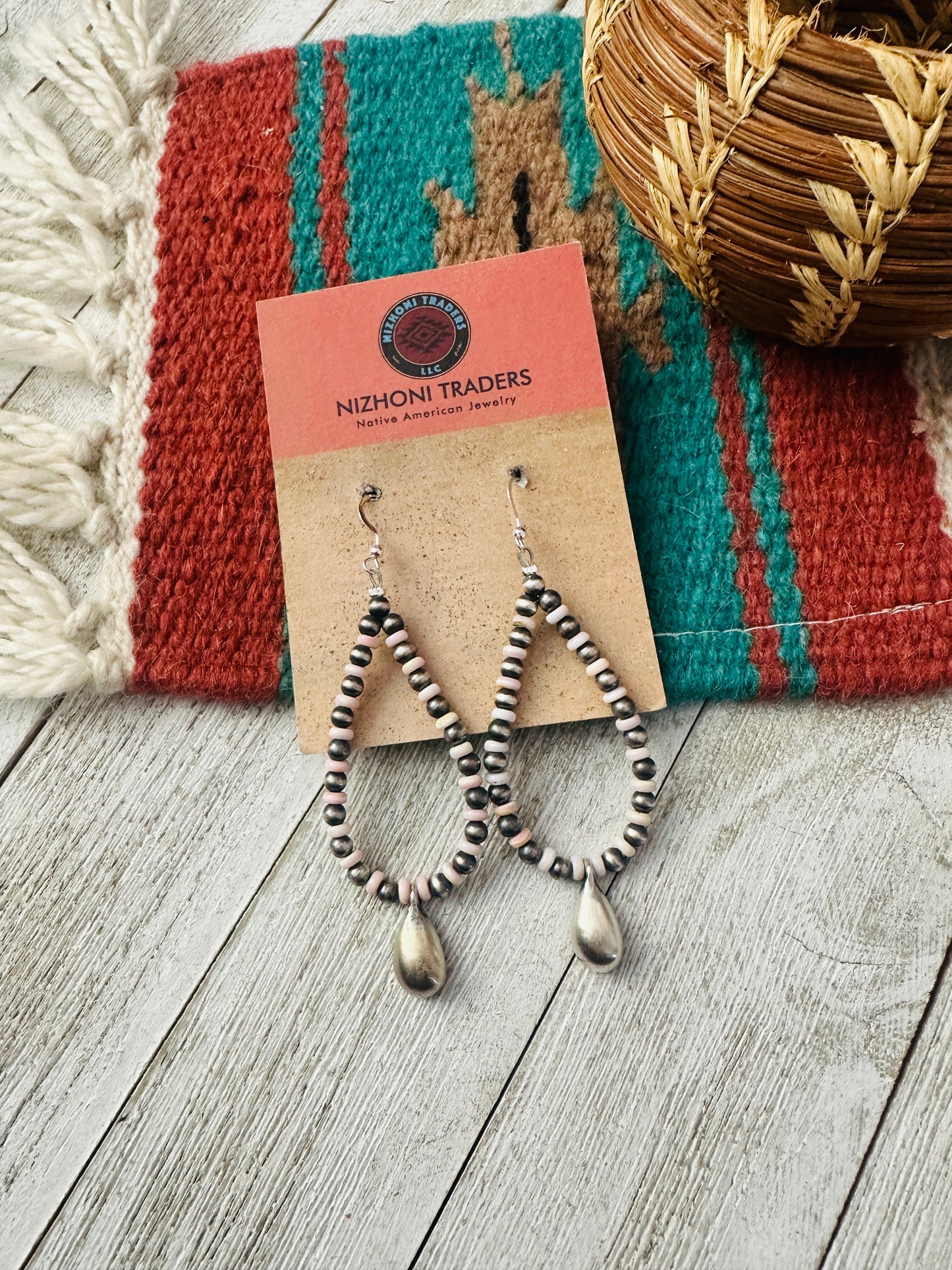 Handcrafted Queen Pink Conch & Sterling Silver Pearl Beaded Hoop Earrings