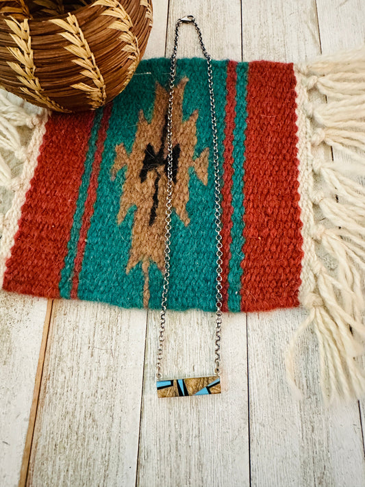 Handcrafted Multi Stone & Sterling Silver Inlay Bar Necklace