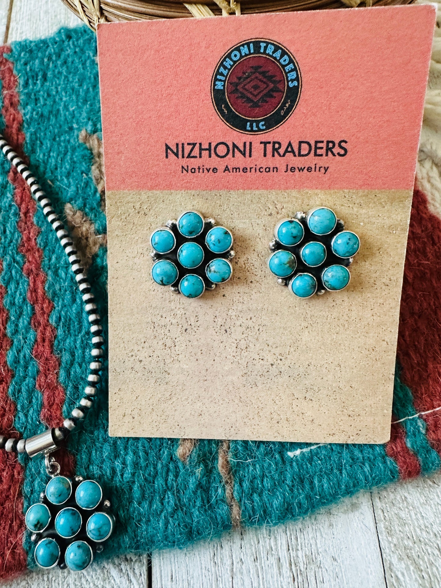 Handcrafted Sterling Silver & Turquoise Cluster Pendant and Earring Set