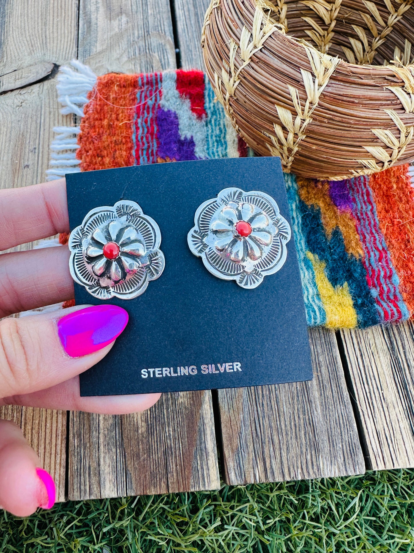 Handcrafted Coral & Sterling Silver Concho Post Earrings