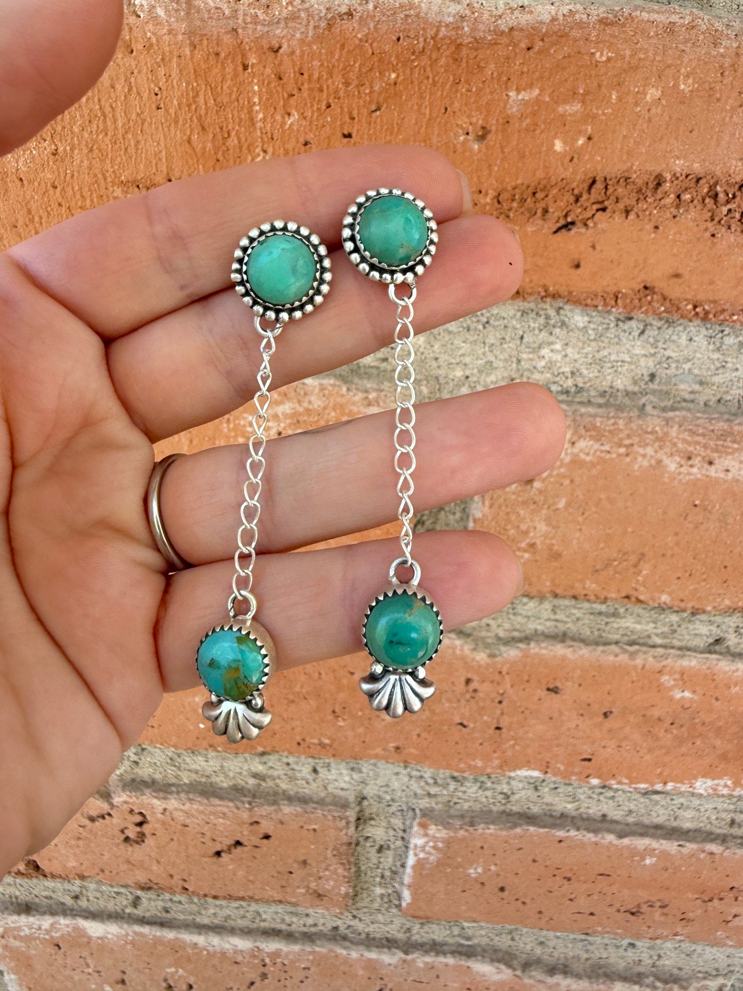 Handmade Sterling Silver Kingman Turquoise Dangle Earrings Signed Nizhoni 2 Stone