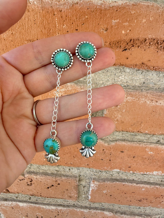 Handmade Sterling Silver Kingman Turquoise Dangle Earrings Signed Nizhoni 2 Stone