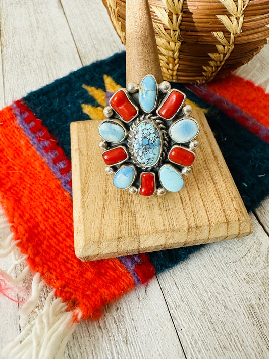 Handcrafted Golden Hills Turquoise, Coral & Sterling Silver Cluster Adjustable Ring