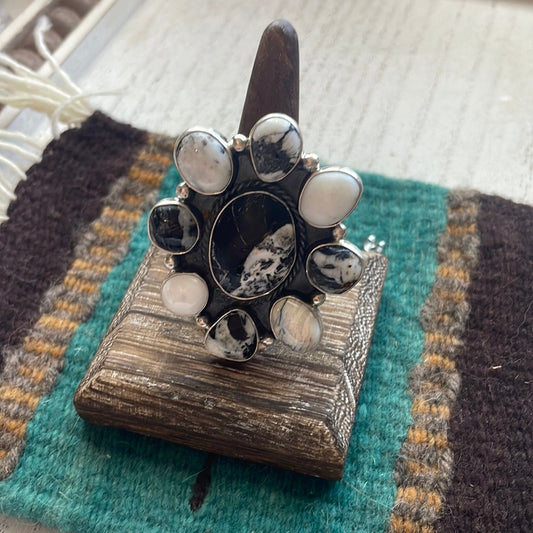 Handcrafted Sterling Silver & White Buffalo Large Adjustable Ring Signed