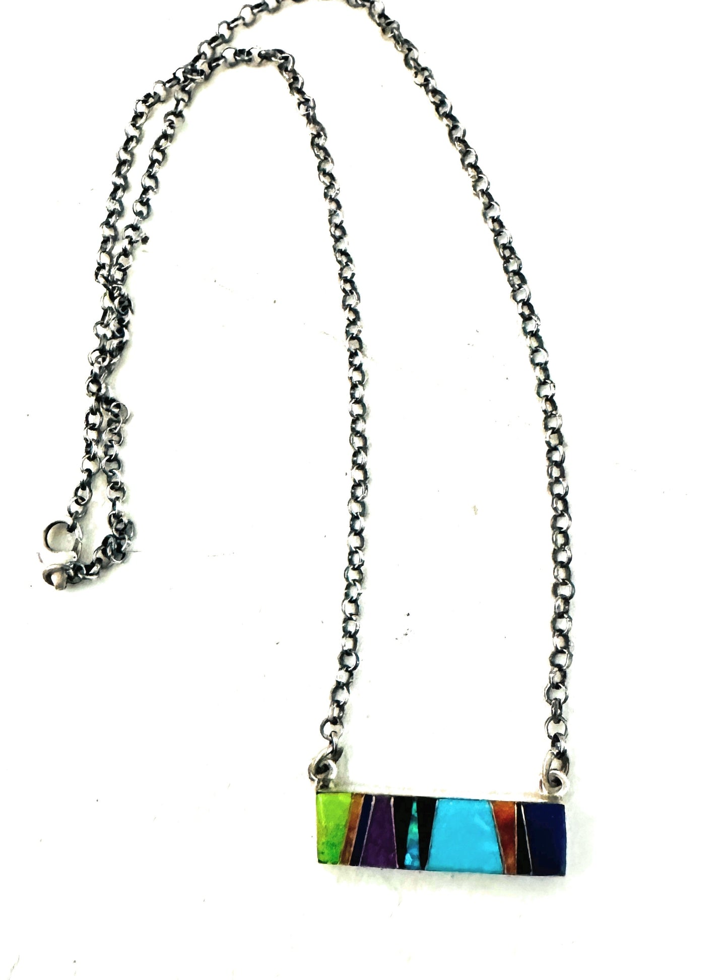 Handcrafted Multi Stone & Sterling Silver Inlay Bar Necklace