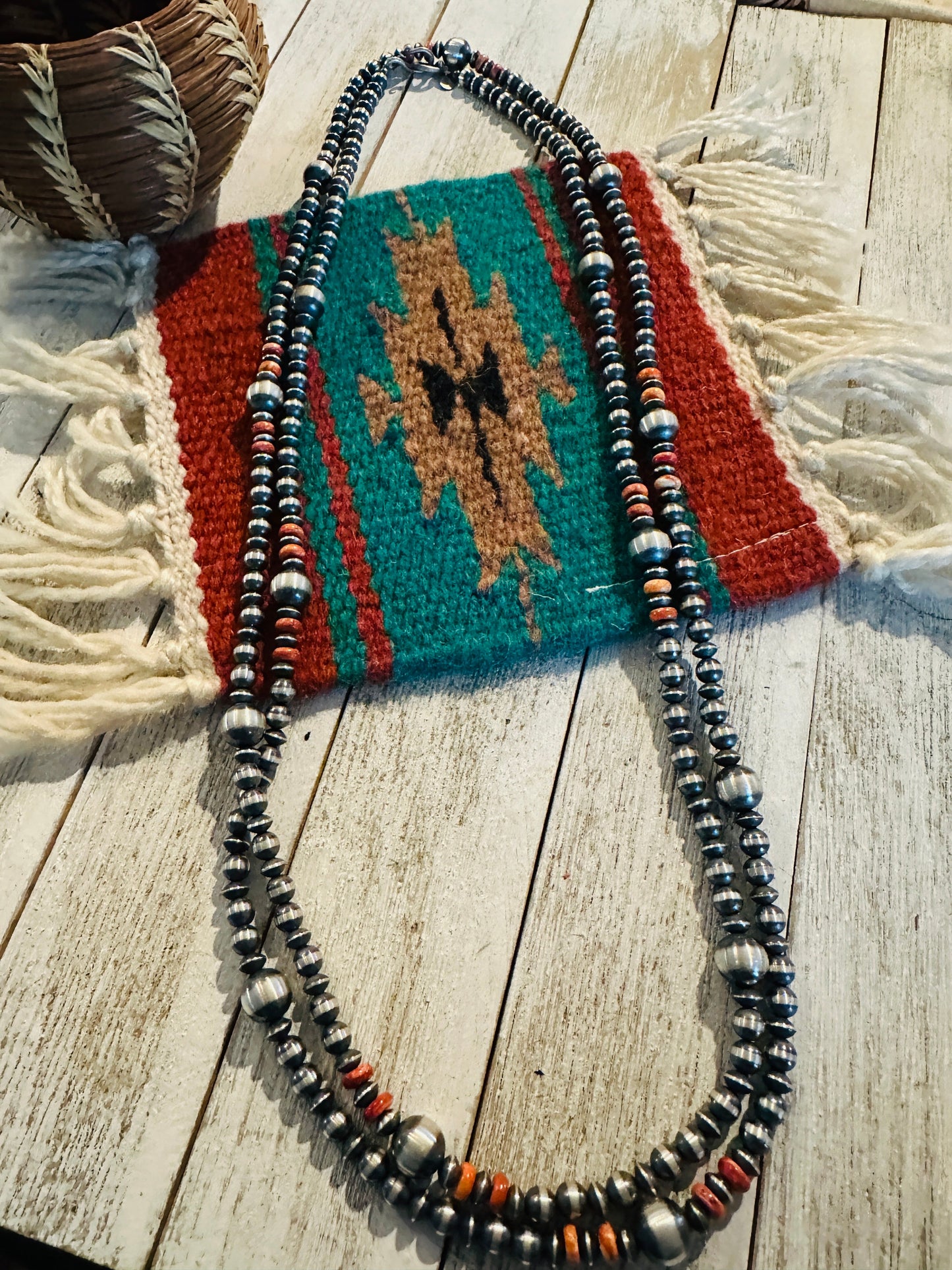 Handcrafted Orange Spiny & Sterling Silver Beaded Necklace 60”