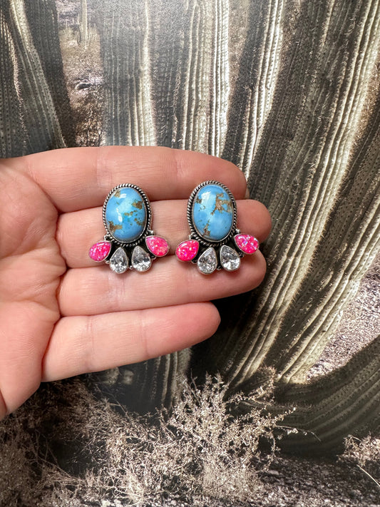 Handmade Golden Hills Turquoise, Fire Opal, CZ and Sterling Silver Handmade Dangles