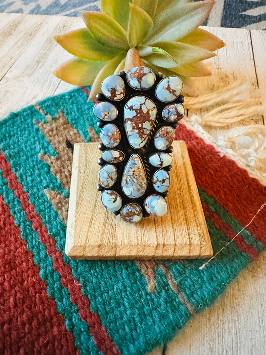 Handcrafted Golden Hills Turquoise & Sterling Silver Cluster Ring Size 9.5