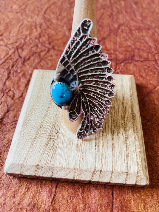 Handcrafted Kingman Turquoise & Sterling Silver Indian Chief Ring Size 9