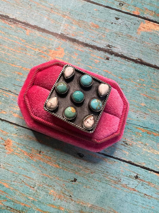 Beautiful Handmade White Buffalo, Turquoise And Sterling Silver Adjustable Ring