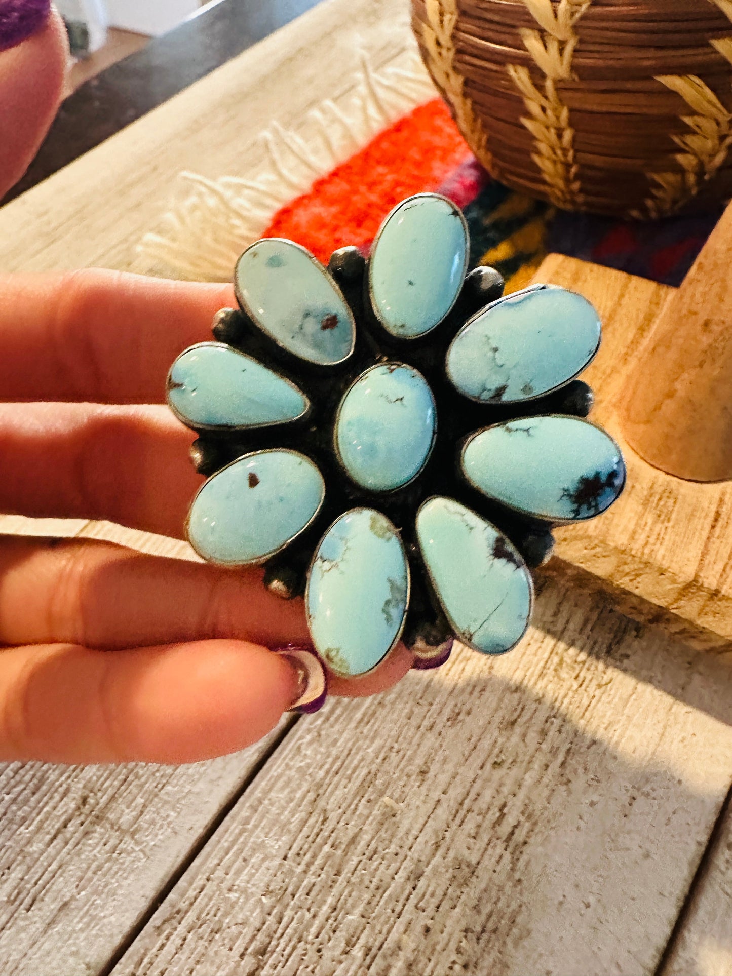Handcrafted Golden Hills Turquoise & Sterling Silver Cluster Ring by Bobby Johnson, Size 8.75