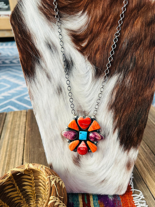 Handcrafted Spiny Oyster, Turquoise & Sterling Silver Necklace by Vicky Hicks
