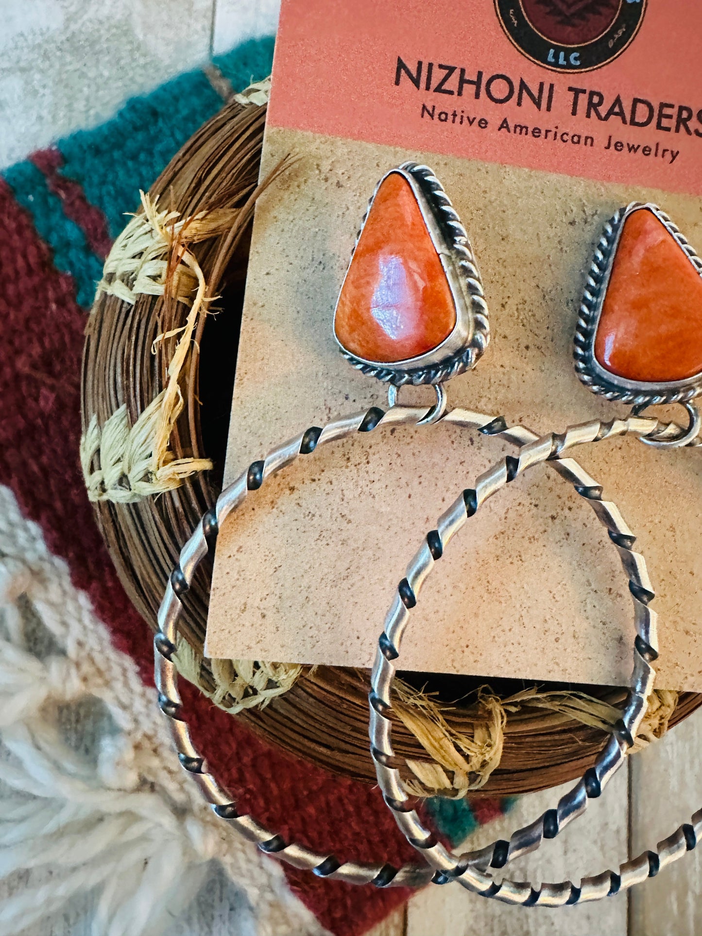 Handcrafted Orange Spiny and Sterling Silver Dangle Hoop Earrings