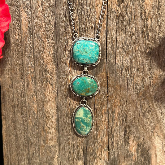 Handmade 3 Stone Turquoise & Sterling Silver Drop Necklace (03)