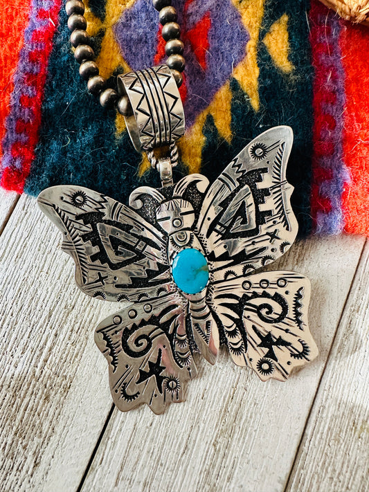 Handcrafted Turquoise & Sterling Silver Butterfly Pendant Signed Richard Singer