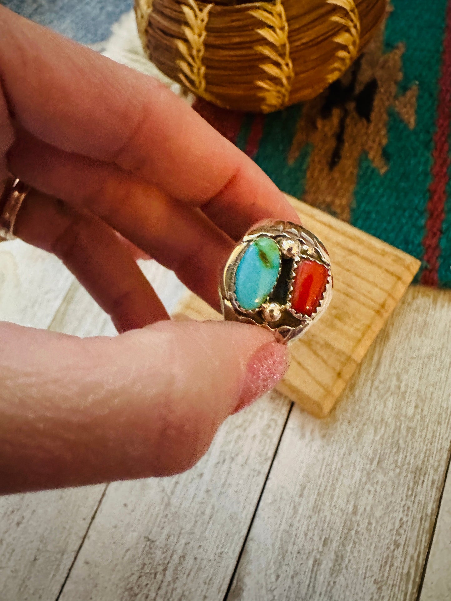 Handcrafted Turquoise, Coral & Sterling Silver Ring Size 13