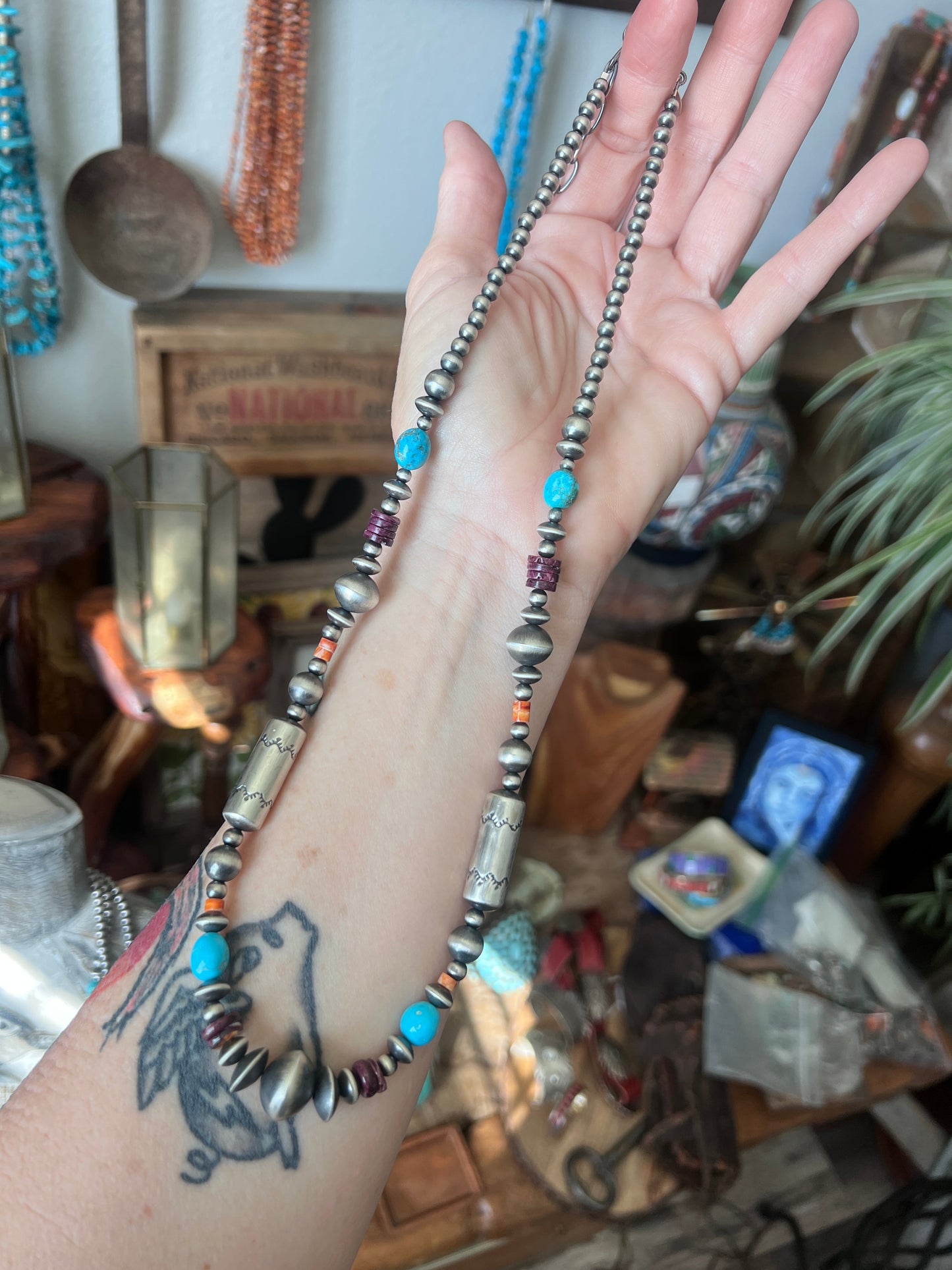 Rose Martin Electric Rainbow Sterling Silver, Turquoise and Spiny Oyster Single Strand Beaded Necklace, 24 + 1-1/2 inches
