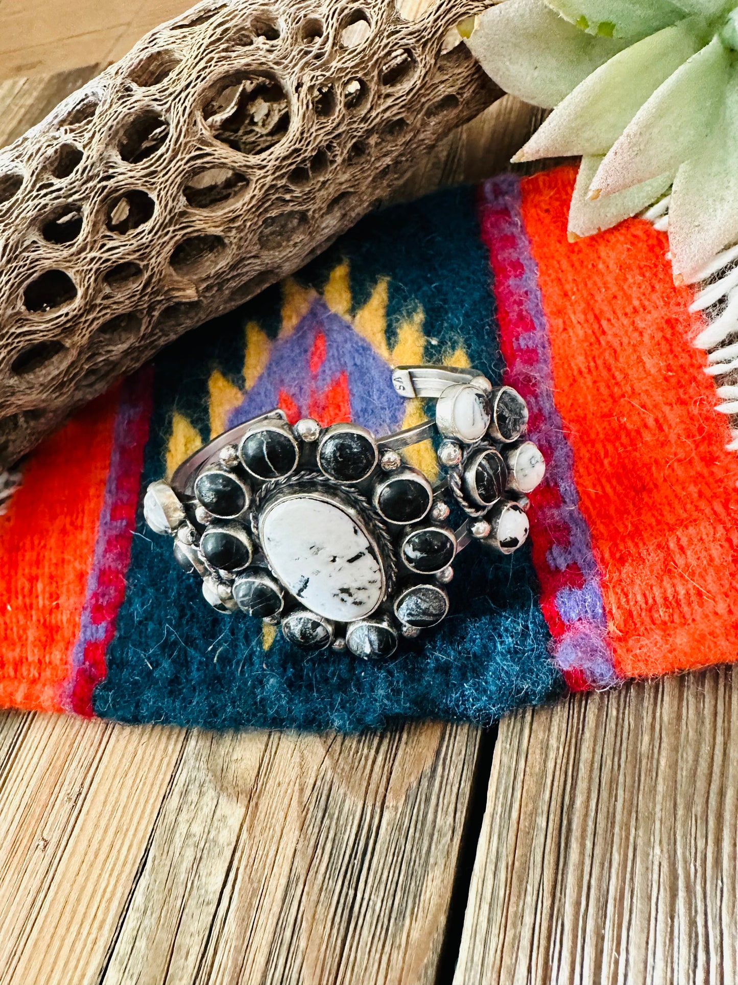Navajo White Buffalo & Sterling Silver Cluster Cuff Bracelet