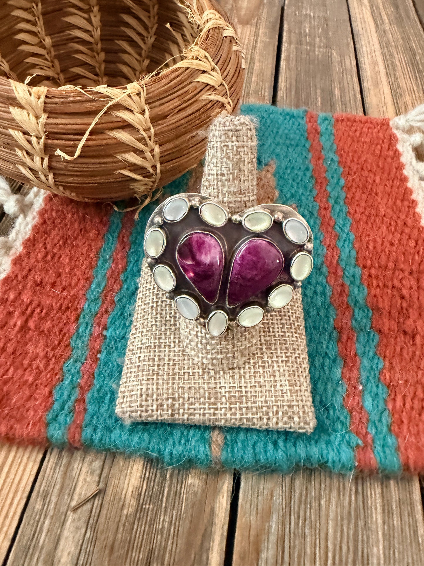 Handcrafted Spiny Oyster, Mother of Pearl & Sterling Silver Adjustable Heart Ring by Jacqueline Silver