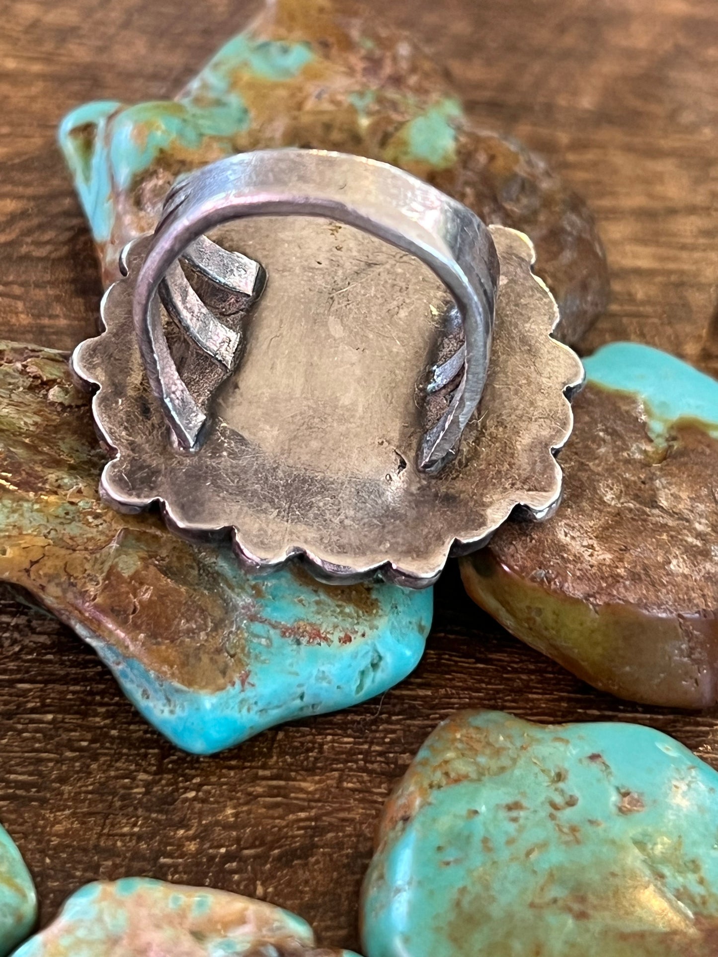Old Pawn Unsigned Sterling Silver and Turquoise Cluster Ring, Size 8.5