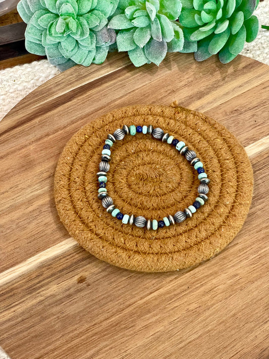 Handmade Sterling Silver, Turquoise & Lapis Beaded Bracelet with Signed Nizhoni