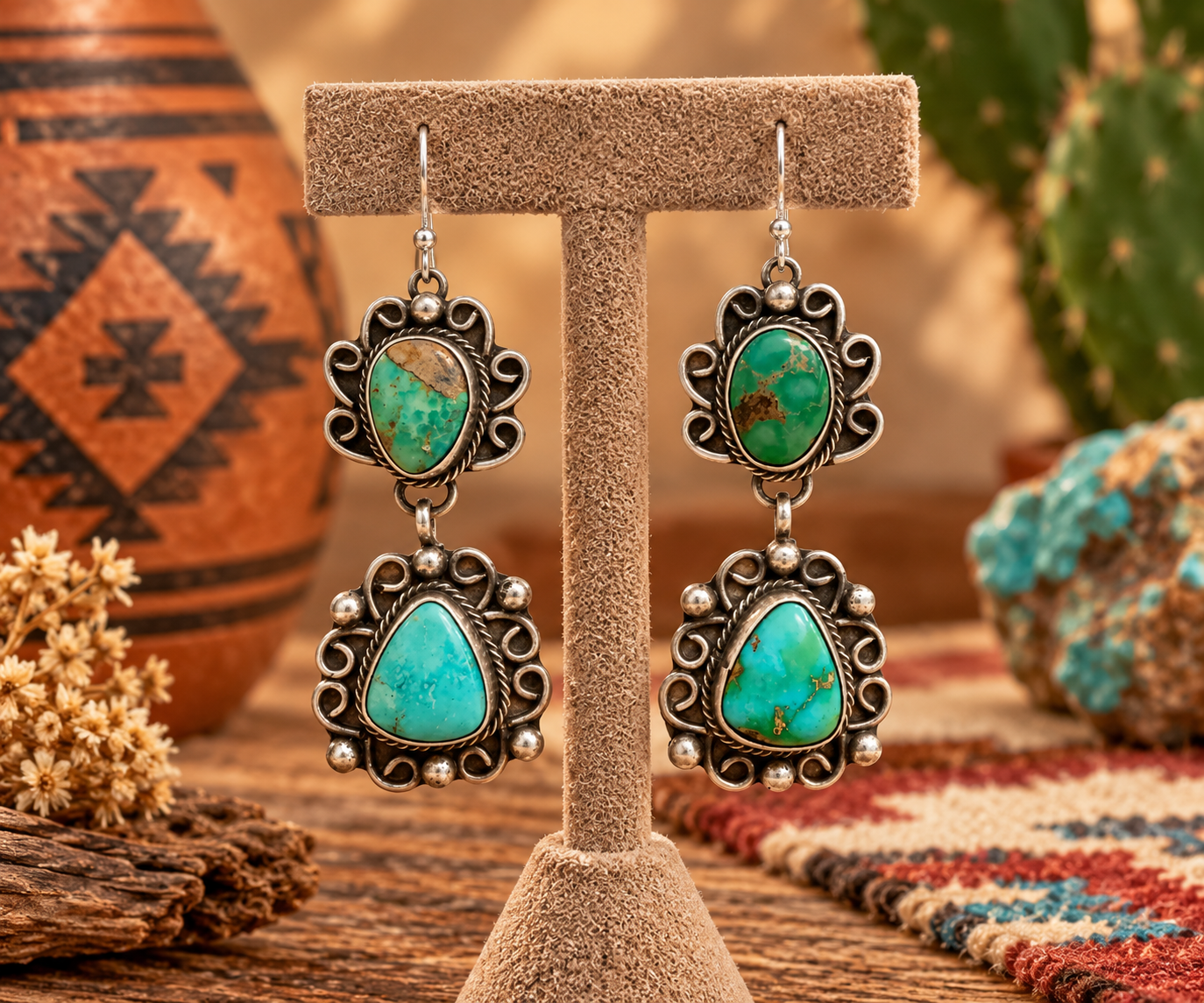 Handcrafted Turquoise & Sterling Silver Dangle Earrings by Sheila Becenti