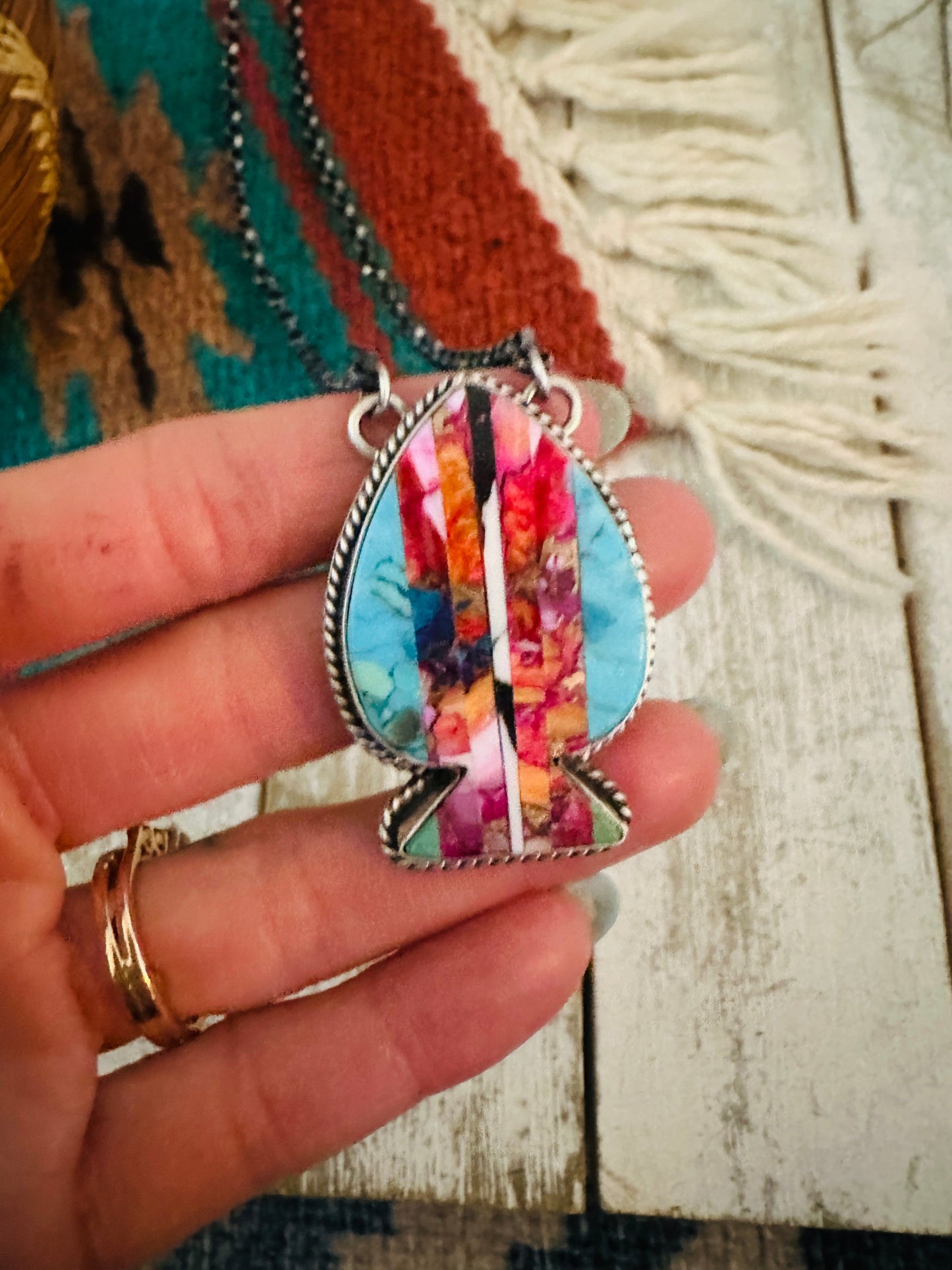 Handcrafted Sterling Silver & Multi Stone Inlay Spade Necklace