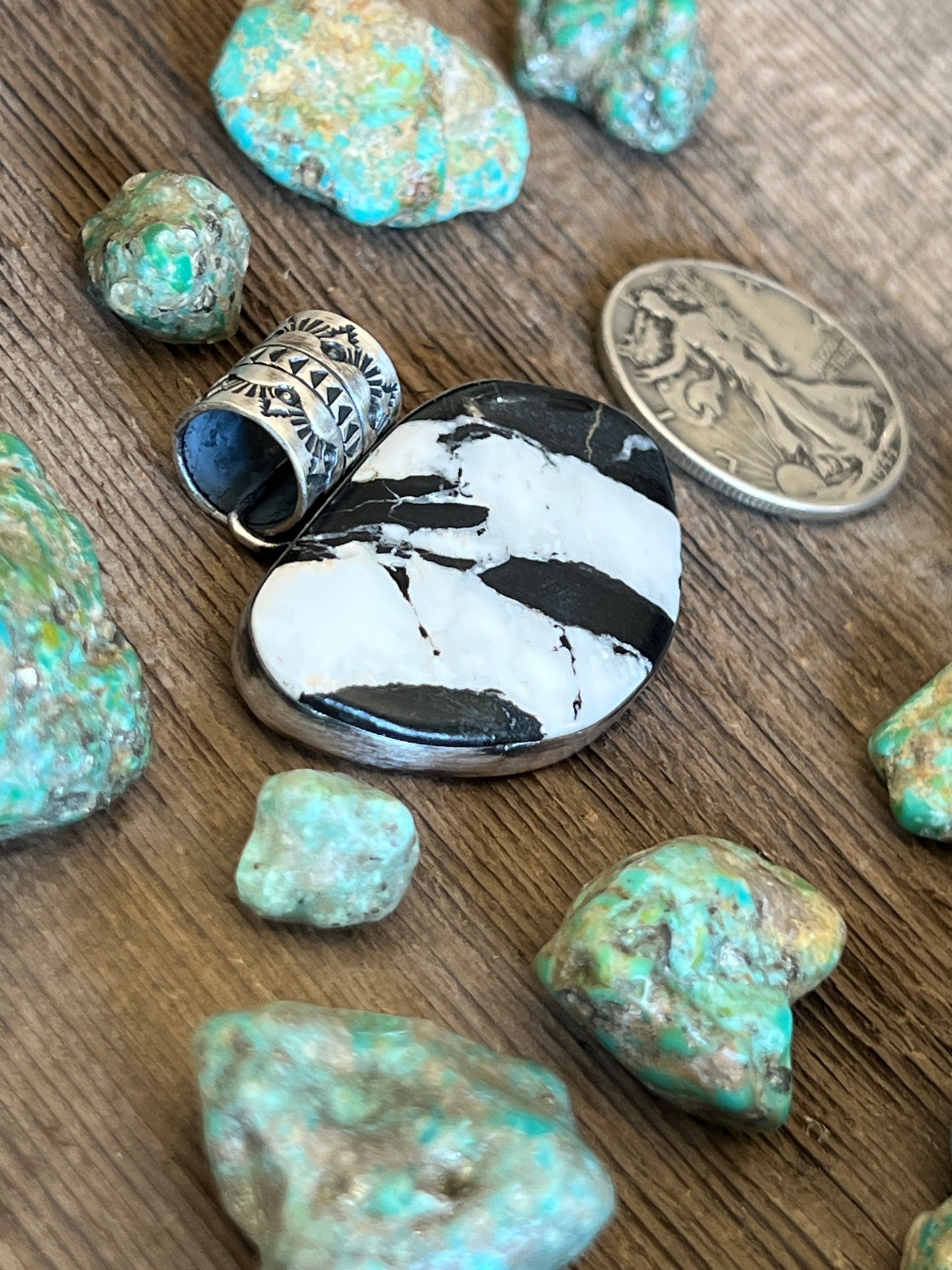 Handcrafted Sterling Silver and White Buffalo Solo Pendant by Angela Martin