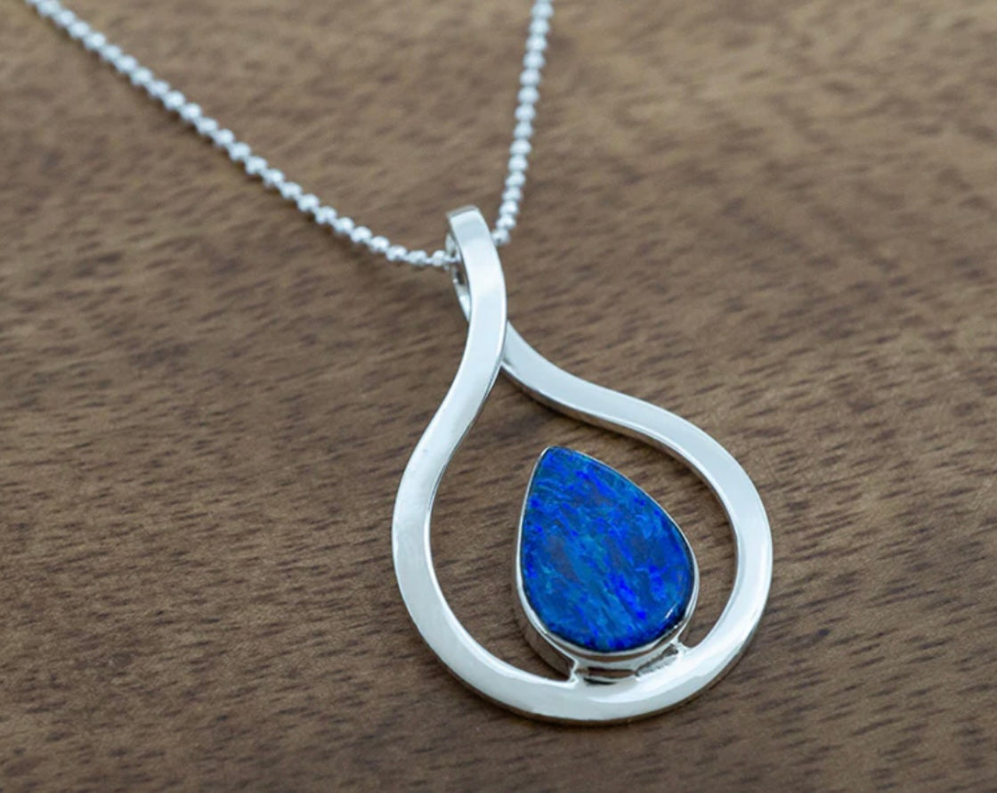 Dark Blue Opal Teardrop in Sterling Silver Frame Necklace